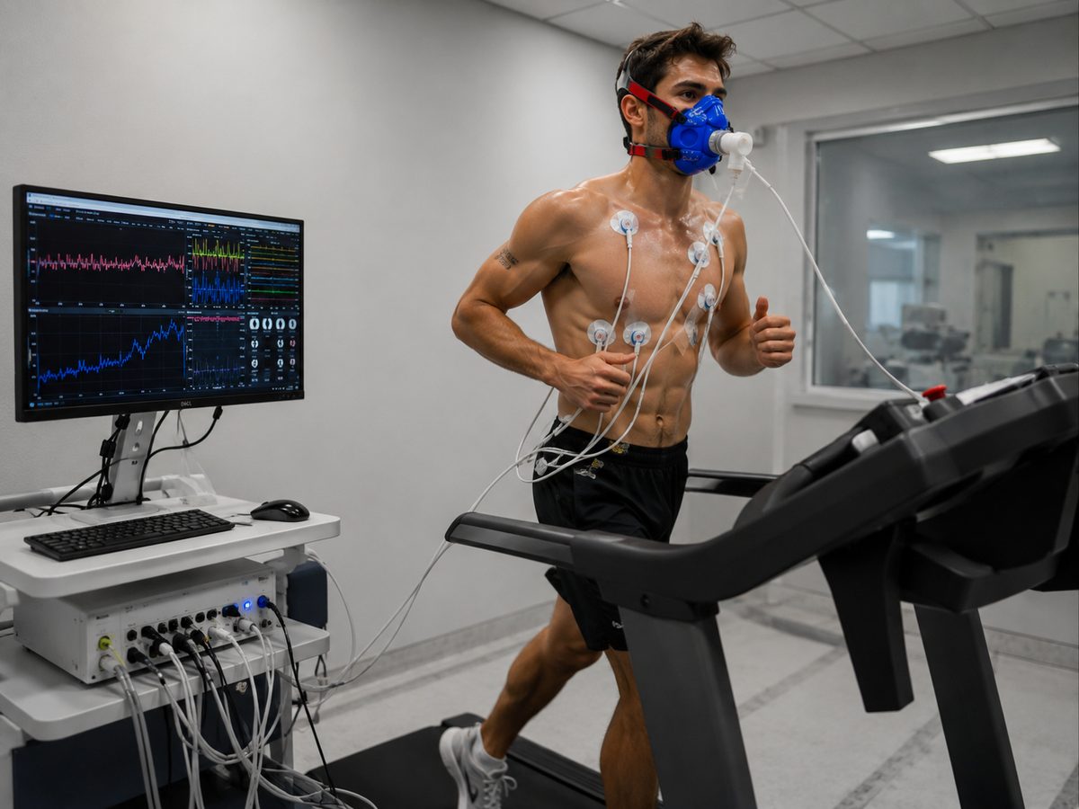 Paciente durante teste ergoespirométrico na esteira, com máscara de análise de gases e eletrodos de ECG